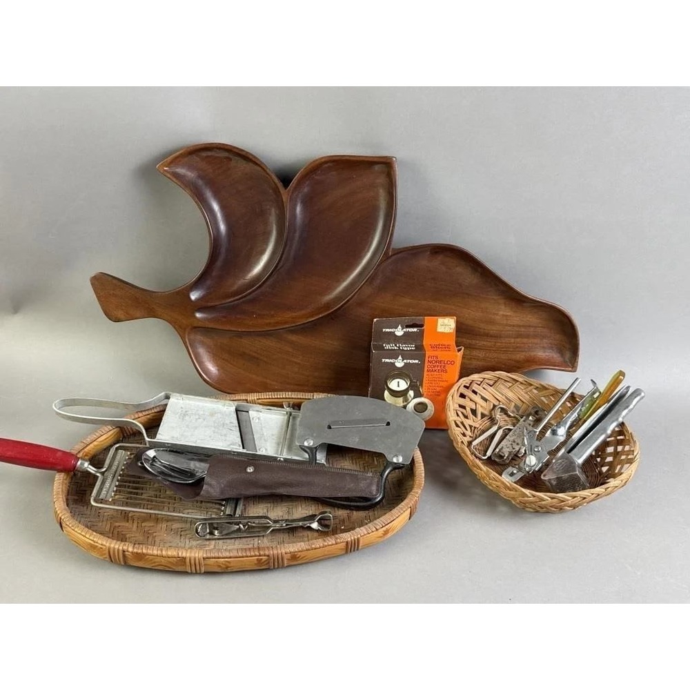 Vintage Wooden Leaf Tray Wicker Baskets Metal Mandoline Kitchen Utensils Lot